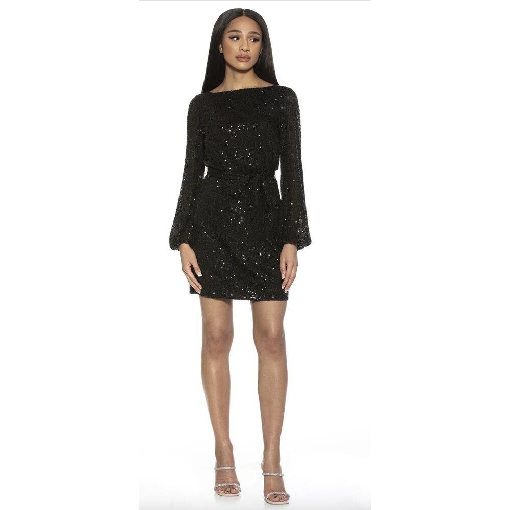 Alexia Admor Val Black Sequin Bishop Sleeve Short Belted Cocktail Dress Size S